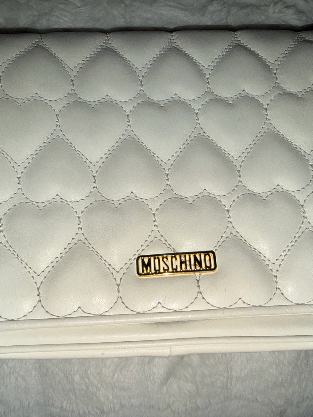 Moschino White Quilted Heart Wristlet with Gold Logo